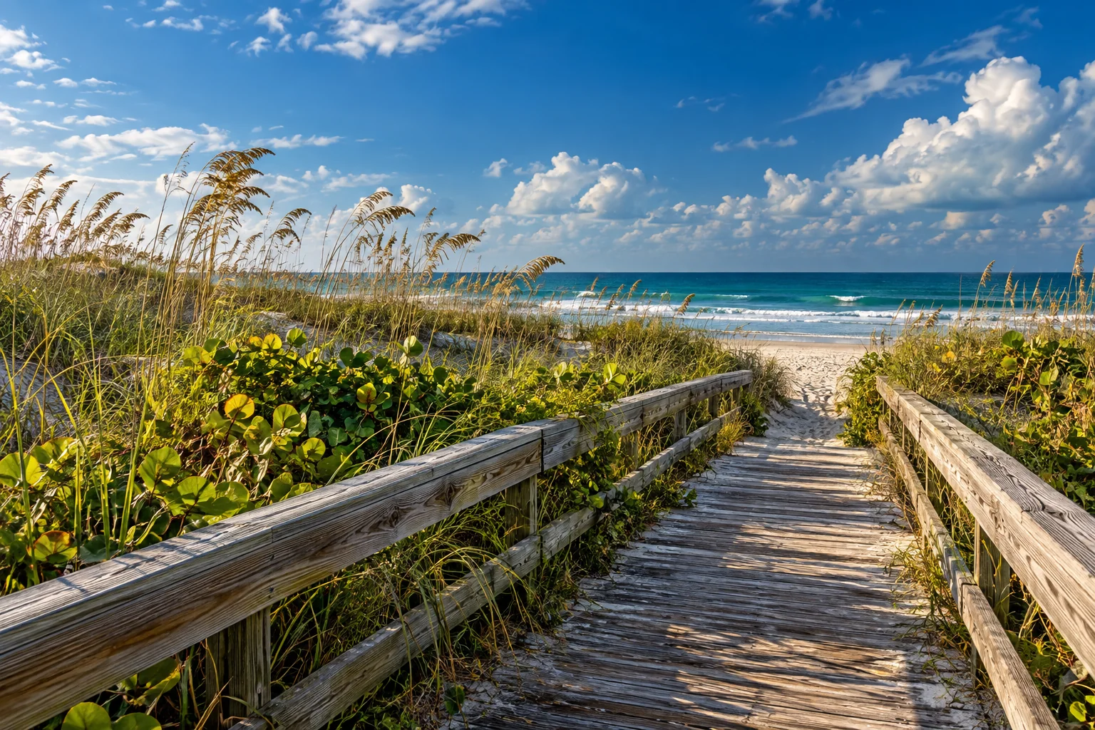 A wooden boardwalk crossing dunes toward the ocean