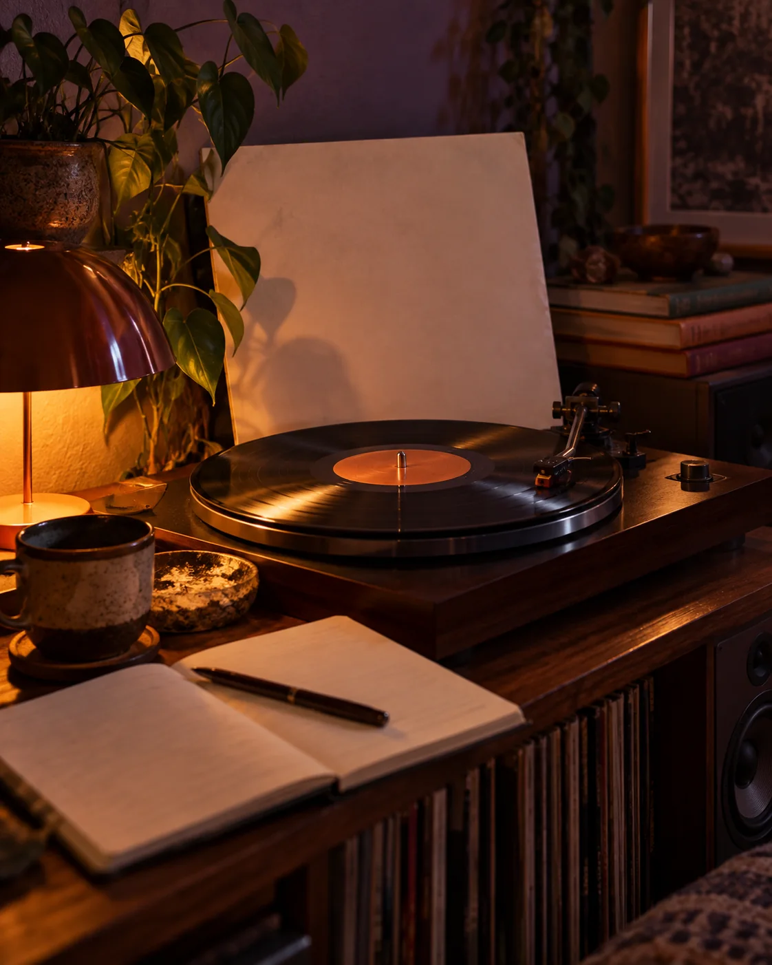 A record playing beside a lamp and an open notebook